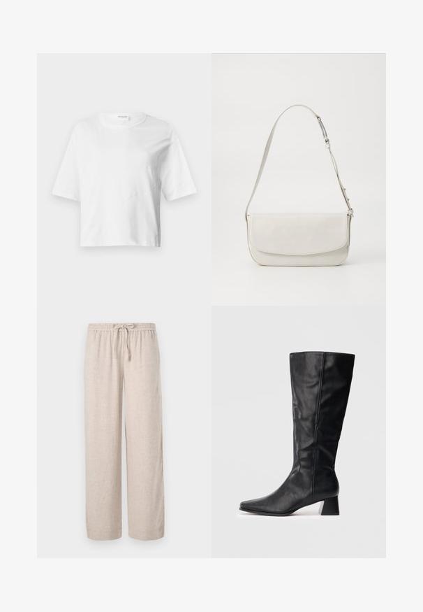 Biała krótka koszulka z miękkiego materiału, z krótkimi rękawami, okrągłym dekoltem i falistymi szwami dla uzyskania tekstury.; Jasnobeżowe, szerokie spodnie z lnu z elastycznym pasem i sznurkiem. Posiadają gładką teksturę i swobodny fason.; Czarny skórzany botek do połowy łydki z ostrym noskiem i słupkowym obcasem na jednolitym jasnym tle.; Biała skórzana torba na ramię o gładkiej powierzchni, prostokątnym kształcie, z klapką i regulowanym paskiem. Prosta ozdoba w postaci szwów.