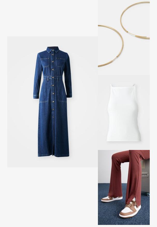 Bjela rebrasta majica bez rukava s tankim naramenicama, s prilagođenim dizajnom i glatkom teksturom. Tkanina izgleda elastično i blago strukturirano.; Maksi haljina od traper tkanine s dugim rukavima, šiljastim ovratnikom, dugmadi sprijeda, dva džepa na prsima, suženim strukom i bočnim prorezima za lakše kretanje.; Pantalone od rebrastog materijala u boji rusta s bočnim prorezima, u kombinaciji s bijelim i smeškim tenisicama, ističući kontrastne boje i teksture.; Zlatne kružne naušnice, tanke i okrugle, s glatkom metalnom površinom bez ukrasa ili uzoraka.