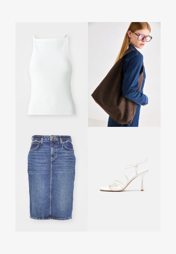 Belo rebrasto top z tank naramnicami, ki ima prilagojen kroj in gladko teksturo. Tkanina se zdi elastična in rahlo strukturirana.; Denim krilo v temno modri barvi, s ravnim rezom, petimi žepi in zapiranjem na gumb z blagovno znamko pri pasu. Klasična tekstura džinsa.; Bela sandala na visoki pet z zavezanimi trakovi, z ravnim podplatom, teksturirano sprednjo stranjo z nabranimi detajli in ozkim gležnjenjem.; Rjava usnjena torba z mehkimi teksturami, ki ima prostorno zasnovo in enojno naramnico. Oblečena z modrim jeans jopičem.; Zlate obroče ušesne uhane, tanke in krožne oblike, z gladko kovinsko površino brez okrasnih elementov ali vzorcev.