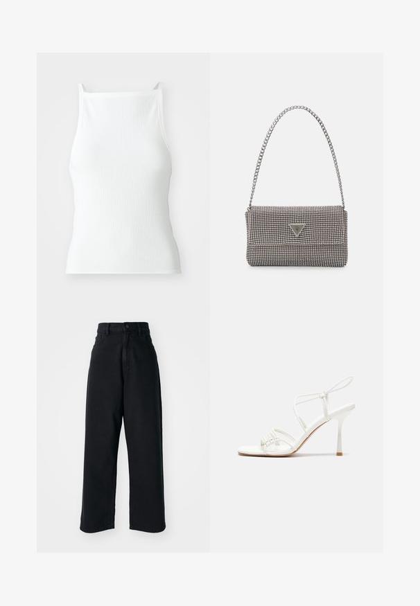 Fehér bordázott trikó vékony pántokkal, testhezálló kialakítással és sima textúrával. Az anyag rugalmasnak és enyhén strukturáltnak tűnik.; Fekete, magas derekú, bő szárú farmernadrág elülső zsebekkel és gombos zárással, egy sima fehér háttér előtt bemutatva.; Fehér pántos magassarkú szandál lapos lábujjal, texturált elülső résszel, ráncolt díszítéssel és vékony bokapánttal.; Világosszürke fémes kézitáska lánc pánttal, kis kör alakú fém kifinomult díszítéssel és háromszög alakú márkagéppel.