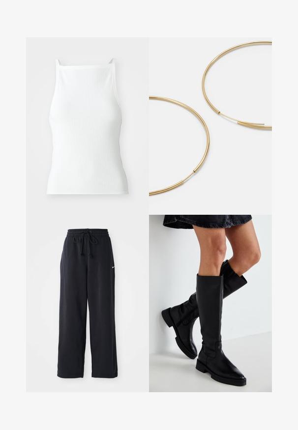 Witte geribde top met dunne bandjes, met een aansluitend ontwerp en een soepele textuur. De stof lijkt elastisch en licht gestructureerd.; Zwarte trainingsbroek met een elastische tailleband en trekkoord, voorzien van een klein wit Nike-logo aan de linkerkant.; Zwarte leren kniehoge laarzen met een spitse neus, platte zool en minimale stiksels. Glad oppervlak en eenvoudig ontwerp zonder versieringen.; Gouden oorringen, dun en rond van vorm, met een gladde metallic afwerking en zonder versieringen of patronen.