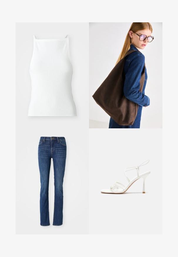 Biały prążkowany top na ramiączkach z cienkimi paskami, o dopasowanym kroju i gładkiej fakturze. Materiał wydaje się elastyczny i lekko strukturalny.; Niebieskie jeansy proste z delikatnym wyblaknięciem, z kieszeniami z przodu, szlufkami na pasek i zapięciem na guzik na białym tle.; Białe sandały na wysokim obcasie z paskami, z płaską bazą na palcach, teksturowanym przodem z marszczonymi akcentami oraz cienkim paskiem na kostce.; Brązowa skórzana torba typu tote o miękkiej fakturze, z przestronnym wnętrzem i pojedynczym paskiem. Noszona z niebieską kurtką dżinsową.
