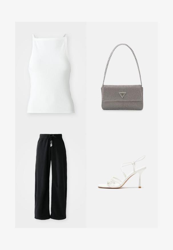 Bjela rebrasta majica bez rukava s tankim naramenicama, s prilagođenim dizajnom i glatkom teksturom. Tkanina izgleda elastično i blago strukturirano.; Crne trenirke od mekog materijala, s pojasom na vezanje i širom kroju. Bez uzoraka. Jednostavan dizajn s manžetama na rubovima i bočnim džepovima.; Bijele sandale s visokom potpeticom i trakama, ravno oblikovanim prstima, teksturiranim prednjim dijelom s naboranim detaljima i uskom trakicom oko gležnja.; Svijetlosivi metalik ruksač s lancem, ukrašen malim okruglim metalnim zakovicama i trokutastim logotipom marke.