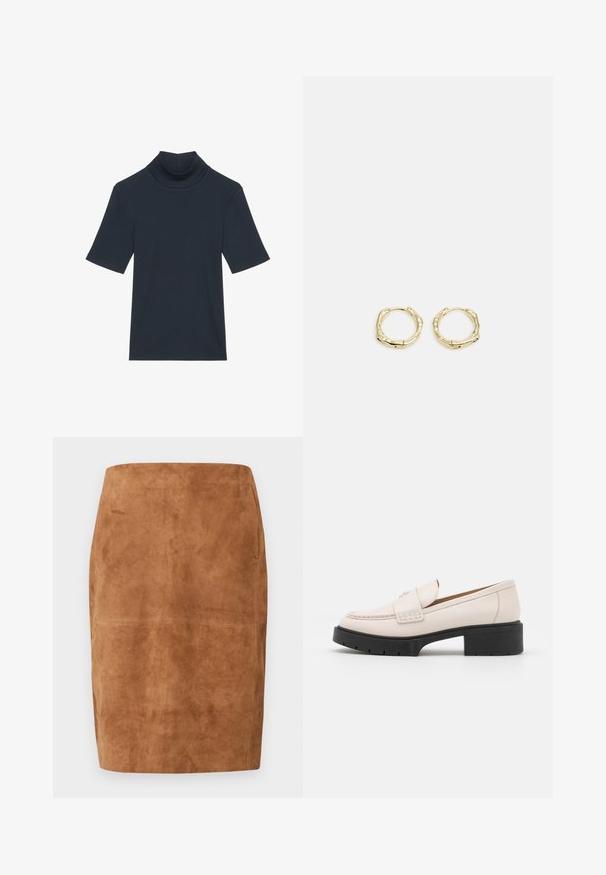 Dunkelmarineblaues Kurzarm-Turtleneck-Top aus geripptem Stoff. Hat eine körperbetonte Silhouette und eine glatte Textur.; Brauner Wildleder-Bleistiftrock mit hoher Taille und knielangem Saum, der dezente Nähte aufweist.; Hellebeige Lederloafers mit einer gesteppten Vorderseite und einem strukturierten schwarzen Plateauabsatz. Merkmale ein geschwungenes Design und eine leichte Erhöhung.; Goldene Creolen mit einer strukturierten, unregelmäßigen Form. Sie verfügen über einen nahtlosen Verschluss und eine polierte Oberflächenbehandlung, die ein modernes Design betont.