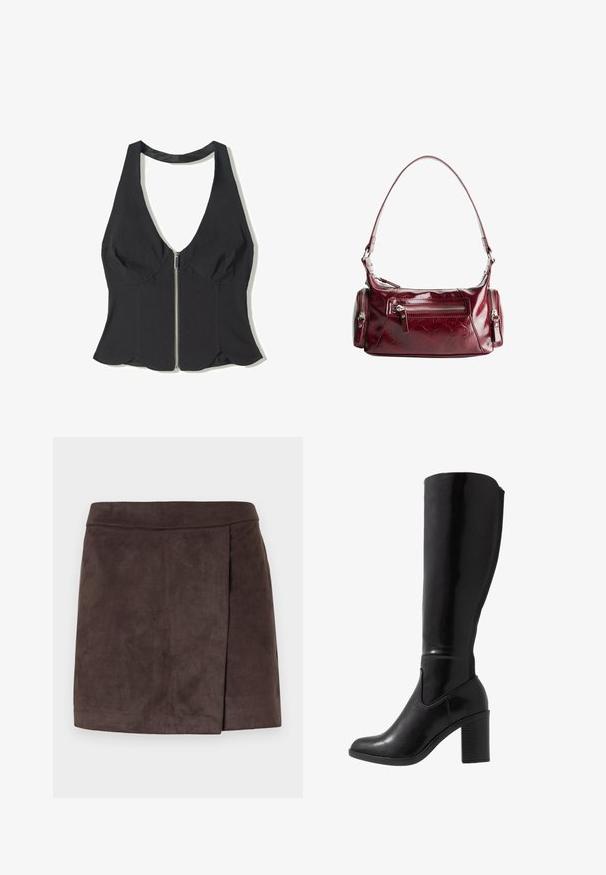 Svart halterneck topp i tyg med djup V-ringning, med en frontdragkedja och scallop-kant nertill. Inga mönster eller detaljer.; Brun faux suede minikjol med en slät yta, som har en sidofållsdetalj, rak fåll och en figurnära midja.; Knähöga svarta blanka stövlar med klack, rund tå, slät yta, sidoutskärning och en kraftig klack.; Skinande mörkröd läder axelväska med en framficka med zipp och två små sidofickor med dragkedja.