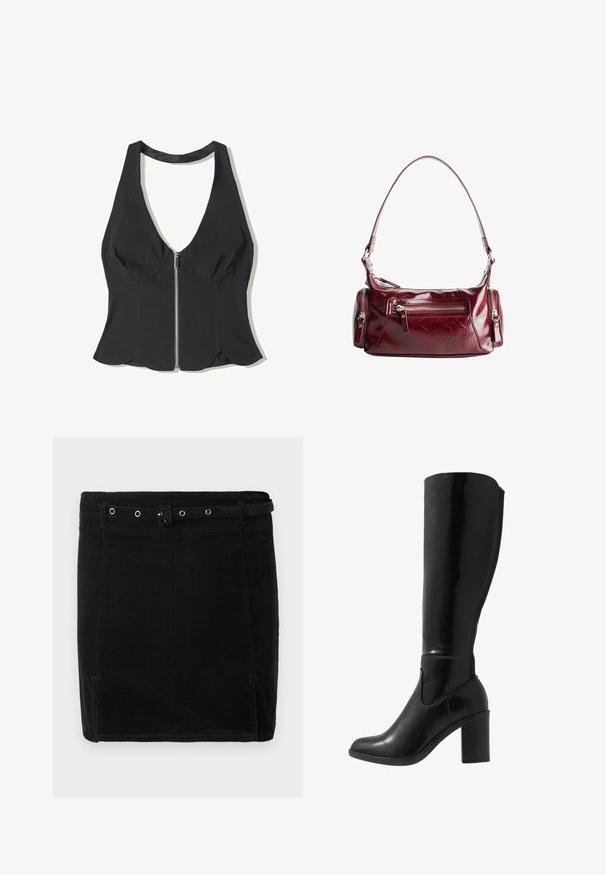 Črna halter majica iz blaga z globokim V-izrezom, ki ima sprednji zadrgo in valovit rob na dnu. Brez vzorcev ali dodatkov.; Črna kordna krila s prilegajočim dizajnom, ki vključuje pas, srebrno kovinsko dodatno opremo in subtilno vertikalno rebrasto teksturo.; Črne sljive do kolen z visokim peto, zaobljen toe, gladka tekstura, stranska izrezana podrobnost in širok zložen pet. / Imitacija laka.; Svetleka temno rdeča usnjena torba z naramnicami, ki ima sprednji žep na zadrgo in dva majhna stranska žepa na zadrgo.