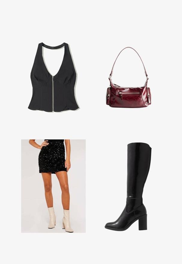 Černý halter top vyrobený z látky s hlubokým výstřihem do V, se zipem v přední části a vlnitým lemem na dně. Žádné vzory ani akcenty.; Černá mini sukně s flitry, přiléhavý střih, s hladkým povrchem. Vybaveno krémovými kotníkovými botami se zipem a blokovým podpatkem.; Černé lesklé vysoké kozačky na podpatku do poloviny lýtek s kulatou špičkou, hladkým povrchem, bočním výřezem a robustním sloupkovým podpatkem.; Lesklá tmavě červená kožená kabelka na rameno s přední kapsou na zip a dvěma malými postranními kapsami na zip.