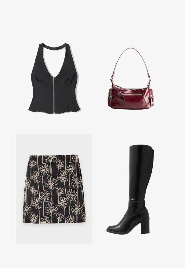 Top nero a halter in tessuto con scollatura a V profonda, dotato di una zip frontale e orlo scallopato alla base. Senza fantasie o dettagli.; Gonna nera con ricami floreali bianchi e design a spirale. Texture liscia e forma aderente, con dettagli di cucitura visibili.; Stivali neri lucidi alti fino al ginocchio con punta arrotondata, texture liscia, dettaglio con taglio laterale e tacco spesso a blocco.; Borsa a spalla in pelle lucida di un intenso rosso scuro, con una tasca anteriore con zip e due piccoli scomparti laterali con zip.