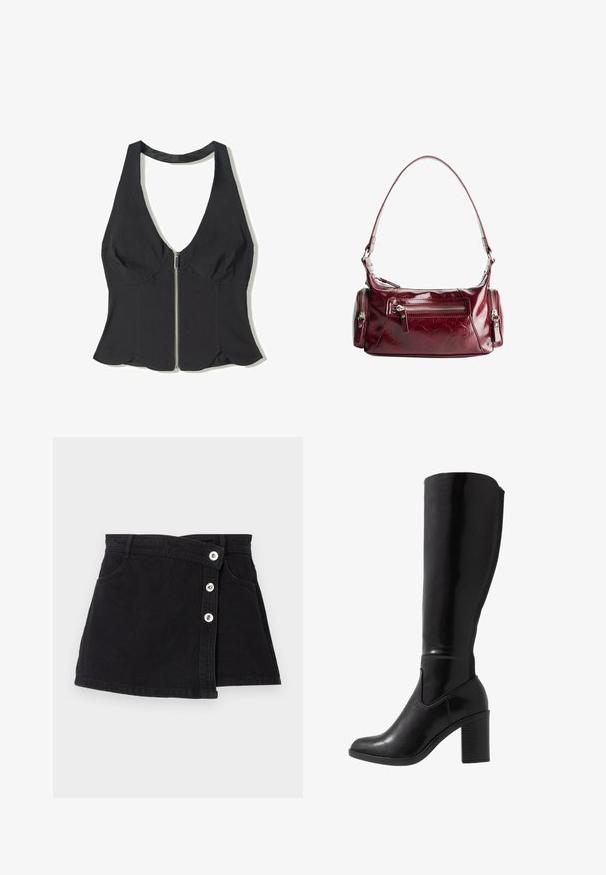 Top halter negru dintr-un material cu decolteu adânc în V, având un fermoar frontal și un tiv cu margini ondulate la baza. Fără modele sau accente.; Fustă din denim neagră, cu talie înaltă, având un design înfășurat, cinci nasturi argintii pe o parte și două buzunare laterale. Textură netedă.; Botine negre, glossy, cu toc, până la genunchi, cu vârf rotund, textură netedă, detaliu cu tăietură pe lateral și toc gros.; Geantă de umăr din piele roșie închisă, lucioasă, cu un buzunar frontal cu fermoar și două compartimente laterale mici, cu fermoar.