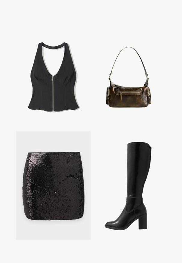 Sort halterneck top lavet af stof med en dyb V-udskæring, der har en lynlås foran og en scallop-kant i bunden. Ingen mønstre eller detaljer.; Sort palietteret mini nederdel med en tætsiddende form, glat tekstur og skinnende overflade, der reflekterer lys og skaber visuel interesse.; Knæhøje sorte glansede støvler med hæl, rund tå, glat overflade, detalje med udskæring på siden og en chunky stablet hæl.; Brun læder håndtaske med en buet form, sølv hardware og to lynlåslommer på forsiden. Justerbar skulderrem inkluderet.