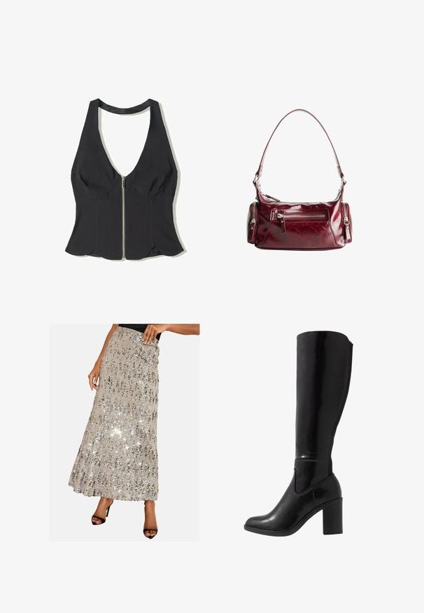Svart halterneck topp i tyg med djup V-ringning, med en frontdragkedja och scallop-kant nertill. Inga mönster eller detaljer.; Maxikjol i glittrande silverpaljetter med en texturerad, plisserad design. Har en åtsittande midja och en avslappnad, flödande silhuett.; Knähöga svarta blanka stövlar med klack, rund tå, slät yta, sidoutskärning och en kraftig klack.; Skinande mörkröd läder axelväska med en framficka med zipp och två små sidofickor med dragkedja.