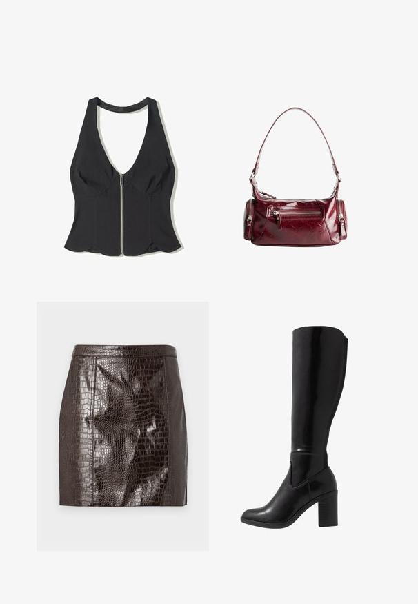 Schwarzes Haltertop aus Stoff mit tiefem V-Ausschnitt, versehen mit einem Reißverschluss vorne und einem gewellten Saum am unteren Ende. Keine Muster oder Akzente.; Dunkelbrauer Kunstleder-Minirock im Krokodilleder-Look mit Paneleffekten und geradem Saum.; Knöchelhöhe schwarze, glänzende Stiefel mit hohen Absätzen, runder Zehenform, glatter Textur, seitlichen Aussparungen und einem kräftigen Blockabsatz.; Glänzende, dunkelrote Leder-Schultertasche mit einer vorderen Reißverschluss-Tasche und zwei kleinen seitlichen Reißverschlussfächern.