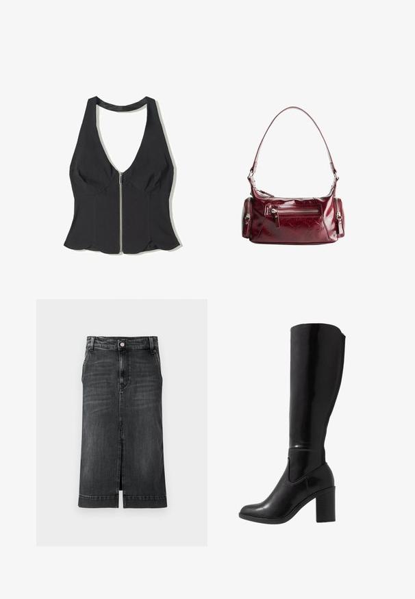 Fekete, mély V-nyakú, anyagból készült nyakpántos top, elöl cipzárral és fodros szegéllyel az alján. Nincsenek minták vagy díszítések.; Sötét farmer szoknya egyenes szabással, térdig érő hosszban, elöl hasítékkal és klasszikus öt zsebes kialakítással. Gombos záródással és övbújtatókkal rendelkezik.; Térd fölé érő, fekete, fényes, sarkú csizmák, lekerekített orral, sima textúrával, oldalsó kivágással és vastag, rétegelt sarokkal.; Fényes sötétvörös bőr válltáska, elülső cipzáras zsebbel és két kis cipzáras oldalzsebbel.