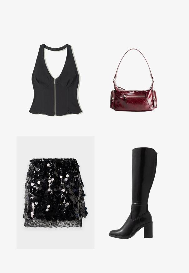 Top halter negru dintr-un material cu decolteu adânc în V, având un fermoar frontal și un tiv cu margini ondulate la baza. Fără modele sau accente.; Fustă mini neagră cu paiete mari și strălucitoare, stratificate peste o dantelă delicată neagră la tiv, așezată pe un fundal alb.; Botine negre, glossy, cu toc, până la genunchi, cu vârf rotund, textură netedă, detaliu cu tăietură pe lateral și toc gros.; Geantă de umăr din piele roșie închisă, lucioasă, cu un buzunar frontal cu fermoar și două compartimente laterale mici, cu fermoar.