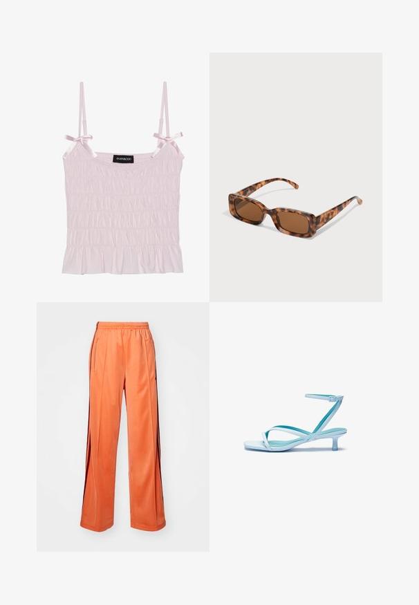 Heledad roosa kampsun reguleeritavate satiintrippidega, kokku volditud tekstuuriga, millel on volangiga äär ja brändi silt keskel.; Oranžid sportlikud püksid, mis on valmistatud siledast kangast, laia säärekujundusega, elastse vöökoha ja kontrastselt värvitud külgtriipudega.; Heledad sinised rihmaga jalatsid, millel on ruudukujuline varvas, madal konts, reguleeritav pahkluu rihm ja sile, läikiv viimistlus. Risti rihmad jalatsipadjal.; Kilpkonna kestaga prillid, millel on ristkülikukujulised pruuni värvi objektiivid, paks raam ja peened käed, millel on erinevate pruunide toonide muster.