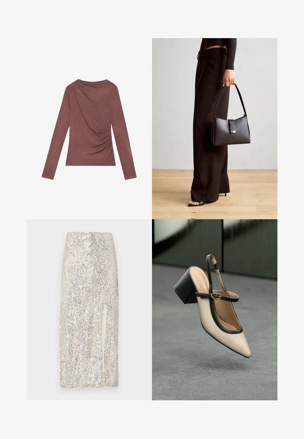 Long-sleeve top in a muted mauve color, featuring draped detail on the back and gently gathered sides. Made from soft, lightweight fabric.; Sequin-embellished midi skirt in cream with a slit on one side. Features a smooth texture and a fitted silhouette.; Beige high-heeled slingback shoe with pointed toe, black trim, and buckle detail. Smooth material with a matte finish, medium block heel.; Black handbag with structured shape, smooth texture, and a metallic clasp. Paired with wide black pants and open-toe sandals on wooden floor.