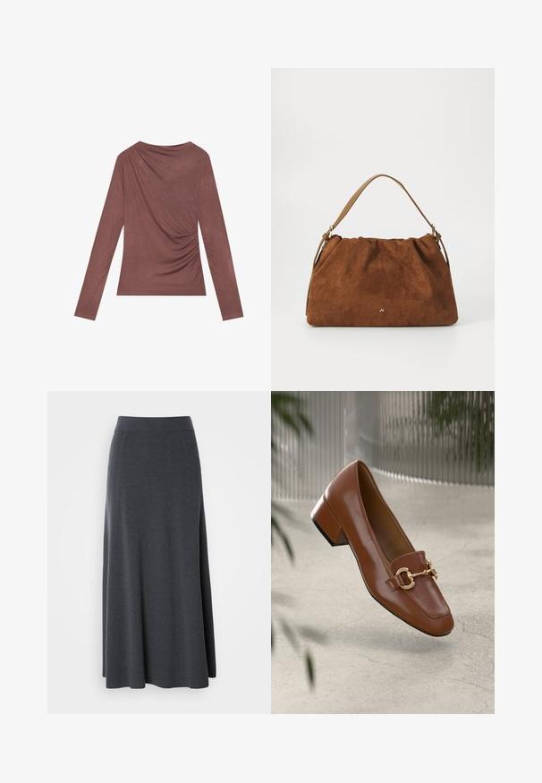 Langermet topp i en dempet mauve-farge, med drapering på baksiden og lett samlet sider. Laget av myk, lett stoff.; Mørkegrå maxiskjørt laget av myk, elastisk stoff. Har høy midje og flytende design, med subtile sidesømmer for form.; Brun lakkert skinn loafer med firkantet tå, metallkjedeakkent, og lav blokkheel; glatt tekstur, minimalistisk design.; Brun semsket håndveske med en samlet design, som har en enkelt tan lærrem og en subtil gull logo detalj på forsiden.