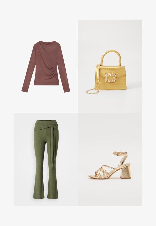 Langärmliges Oberteil in einem gedämpften Mauve-Ton, mit drapiertem Detail auf dem Rücken und sanft gerafften Seiten. Hergestellt aus weichem, leichtem Stoff.; Olivengrüne Hose aus einem weichen Stoff mit einem ausgestellten Bein-Design. Verfügt über ein markantes Knoten-Detail an der hohen Taille.; Goldfarbene, metallisch glänzende Sandalen mit Absatz, die über ein verführerisches Riemen-Design, einen quadratischen Blockabsatz und einen verstellbaren Knöchelriemen mit Schnalle verfügen. Glatte Textur.; Gelbe Kunstleder-Handtasche im Krokodil-Look mit strukturiertem Design, Obergriff, abnehmbarem Kettenriemen und dekorativer Kristallverzierung am Verschluss.