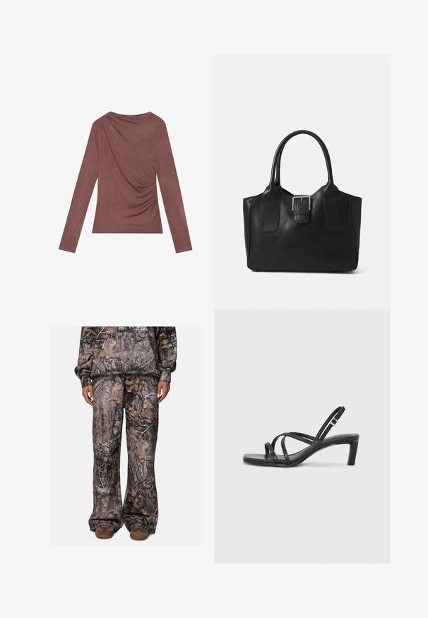 Długorękawowa bluzka w stonowanym odcieniu mauve, z marszczonym detalem z tyłu i delikatnie zgromadzonymi bokami. Wykonana z miękkiej, lekkiej tkaniny.; Spodnie dresowe w kamuflażowym wzorze o luźnym kroju, wykonane z miękkiego materiału w odcieniach brązu, szarości i beżu. Posiadają kieszenie boczne.; Czarne sandały na obcasie z prostokątnym noskiem i niskim słupkowym obcasem. Posiadają wiele cienkich pasków i regulowany pasek na kostkę. Wykonane z gładkiej skóry.; Czarna skórzana torba tote o gładkiej fakturze, usztywnionym kształcie, dwóch uchwytach oraz wyraźnym srebrnym zapięciu na przodzie.