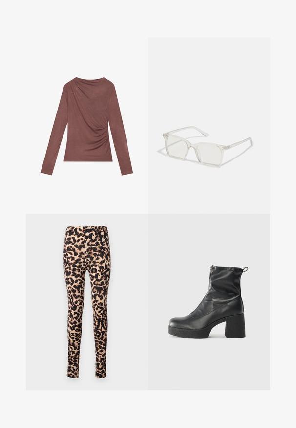 Hosszú ujjú felső, tompa mályva színben, hátul redőzött részlettel és finoman gyűrt oldalakkal. Puha, könnyű anyagból készült.; Leopárd mintás leggings, sima, rugalmas anyagból, közepes derékpánttal és testhez simuló fazonban. A minta barna és fekete árnyalataiban.; Fekete bokacsizmák sima bőrből, oldalsó cipzárral, vastag, texturált sarkú és lekerekített orrú dizájnnal.; Átlátszó műanyag négyzet alakú szemüveg, áttetsző lencsékkel, arany díszítéssel a szárakon a fokozott részletekért.; Fekete bőrtáska ívelt formával, levehető pánttal és arany színű fémrészekkel. A táskán egy csattal díszített fedél található.