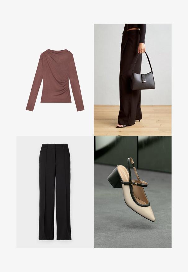 Ilgsleeve tops klusā mauve krāsā, ar drapējumu aizmugurē un viegli savāktām malām. Izgatavots no mīksta, viegla auduma.; Melni bikses ar taisnu kāju dizainu, ar divām priekšējām krokām, vidukļa joslu un bez redzamām kabatām vai rotājumiem.; Beige smailā purngalā siksnu kurpe ar melnu akcentu, zelta sprādzi un masīvu bloku papēdi uz pelēka grīdas ar tumši zaļu fonu.; Melnā somiņa ar strukturētu formu, gludu tekstūru un metālu sprādzi. Saskaņota ar platām melnām biksēm un sandālēm ar atvērtu purngalu uz koka grīdas.