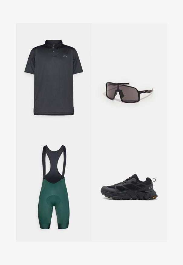 Zwarte poloshirt van gladde stof, met een kraag, drie knopen, korte mouwen en een klein grijs logo op de linkerkant van de borst.; Groene fietsbroek met bretels in zwart, voorzien van een gevoerd chamois-gedeelte en een gladde textuur. Het ontwerp heeft een mesh achterkant voor ventilatie.; Zwarte sportschoenen met een stevige zool, een bovenwerk van mesh en synthetisch materiaal, getextureerde accenten en Vibram-branding op de buitenzool.; Zwarte rechthoekige zonnebril met donkere lenzen, brede montuur en slanke zwarte armen. Heeft een logo op de tempels. Glad oppervlak.