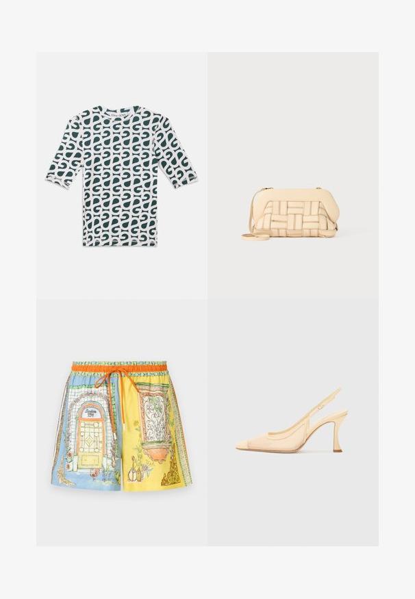 Koszulka z rękawem trzy-czwartym w kolorze białym z zielonym abstrakcyjnym wzorem. Okrągły dekolt, materiał bawełniany, wykończona szytymi brzegami.; Alemais MONTE wielokolorowy; Sandały na obcasie typu slingback w jasnym beżowym kolorze z siateczki, z szpiczastym noskiem i smukłym, zaokrąglonym obcasem, z minimalistycznym akcentem w formie klamry.; Tkaniana beżowa torebka o ustrukturyzowanym designie, z gładką górą i długim paskiem. Teksturowane detale podkreślają ogólny wygląd.