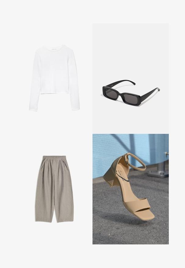 Chemisier blanc à manches longues, cropped, en tissu doux, avec un col rond et un design simple et intemporel sans embellissements.; Pantalons gris à jambe large en tissu doux, dotés d'une ceinture élastique et de deux poches latérales, avec un design épuré et minimaliste.; Sandale à talon carré beige avec un bout carré, des brides minimalistes et une boucle à la cheville. Matériau lisse et mat sur une surface grise.; Lunettes de soleil noires rectangulaires avec des verres foncés, finition brillante, larges branches et un design de monture épaisse. Nom de marque gravé sur une branche.