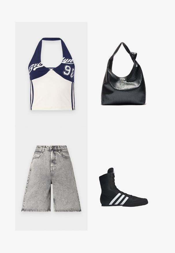 Mørkeblå og cremefarvet bomulds crop top med halterneck, med "Brooklyn" tryk og nummer 98. Glat tekstur, sporty design og farveblokering.; Denimshorts i et sort og gråt syrevaske-mønster, med høj talje, bæltestropper og fem lommer. Kanter er færdigbehandlet.; Sort høj-toppet sportsko med en tekstureret stofoverdel, der har tre hvide striber og en snøret frontdesign. Flad gummisål i bunden.; Sort vævet lædertaske med en afslappet design, der har et knyttet rem og en lille dekorativ guldstud foran.