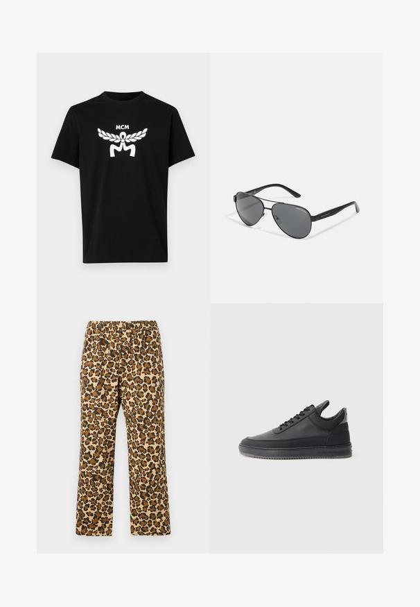 Camiseta de algodón negra con mangas cortas, que presenta un gran logo blanco de MCM y un diseño de laurel en el frente. Cuello redondo clásico.; Pantalones de estampado de leopardo en tonos marrón, beige y negro. Cuentan con una cinturilla elástica y un diseño relajado de pierna recta. Tejido ligero.; Zapatillas de cuero negro con una superficie texturizada, diseño de cordones, parte superior baja y una suela de goma gris con un borde estriado.; Gafas de sol estilo aviador negras con lentes oscuros, marco de metal delgado y brazos de plástico esbeltos con acentos de logotipo.