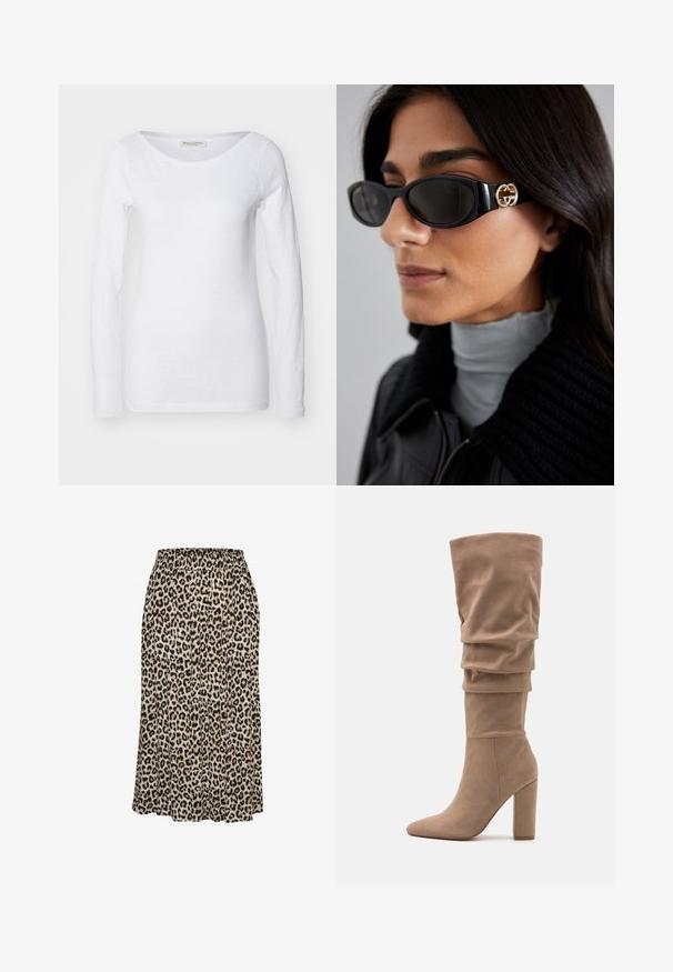 T-shirt blanc à manches longues avec un col rond. Fabriqué en tissu doux et texturé. Présente une coupe décontractée et des poignets sans couture.; Jupe en imprimé léopard fabriquée en tissu léger, dotée d'une taille élastique et d'une silhouette évasée atteignant la mi-mollet.; Anna Field Bottes - beige; Lunettes de soleil noires avec une monture rectangulaire élégante et un accent logo doré sur le côté. Les verres sombres et la finition brillante sont proéminents.; Sac en cuir blanc à bandoulière avec un fermoir en or, présentant un design structuré, des bords contrastés et une fine sangle ajustable.
