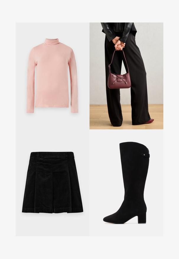 Lys rosa langermet genser med høy hals og tettsittende design, glatt tekstur. Ingen mønstre eller dekorasjoner synlige.; Svart kordfløyelskjørt med plisserte detaljer, med rett snitt, teksturert overflate og en linning for en sikker passform.; Svarte semskede knæhøje støvler med spids tå og blokhæl. Har en glat tekstur og et enkelt design, med en side rem detalje.; Burgunderfarget skinnhåndveske med en sløyfedetalj, med en tynn stropp og gulldetaljer, holdt av en person iført svarte bukser.