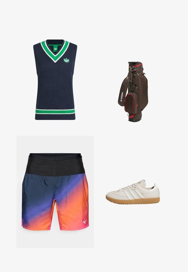 Navy sleeveless sweater with a textured pattern, v-neck, green and white ribbed trim, and a green embroidered logo on the chest.; Men's athletic shorts featuring a gradient design from navy blue to orange, with a black waistband and smooth, lightweight fabric.; Light beige sneakers made of leather and suede, featuring three white stripes, a gum rubber sole, and a padded collar.; adidas Golf CADDY - Racket bag - dark brown/better scarlet