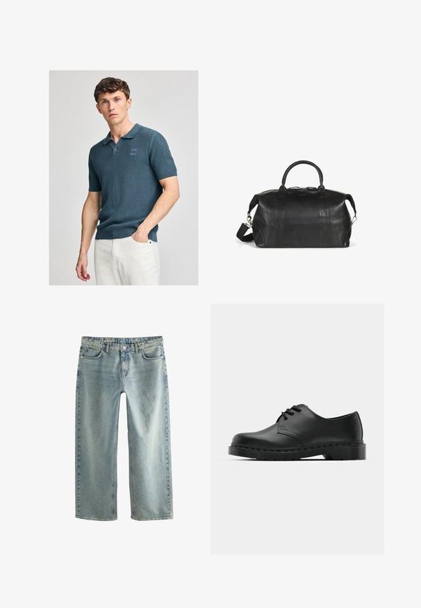 Koszulka polo z krótkim rękawem w ciemnym odcieniu zieleni, o prążkowanej fakturze, z klasycznym kołnierzykiem i małą naszywką z logo na klatce piersiowej. Noszona z jasnymi spodniami.; Jasnoniebieskie, luźne dżinsy mają prostą nogawkę, pięć kieszeni oraz widoczny guzik na zapięcie.; Czarne skórzane półbuty oxford z zapięciem na sznurowadła, zaokrąglonym noskiem, płaską gumową podeszwą oraz subtelnym przeszyciem na cholewce.; Czarna skórzana torba sportowa z zaokrąglonymi uchwytami, odpinanym paskiem na ramię oraz subtelnymi detalami w szyciu. Gładka tekstura i praktyczny design.