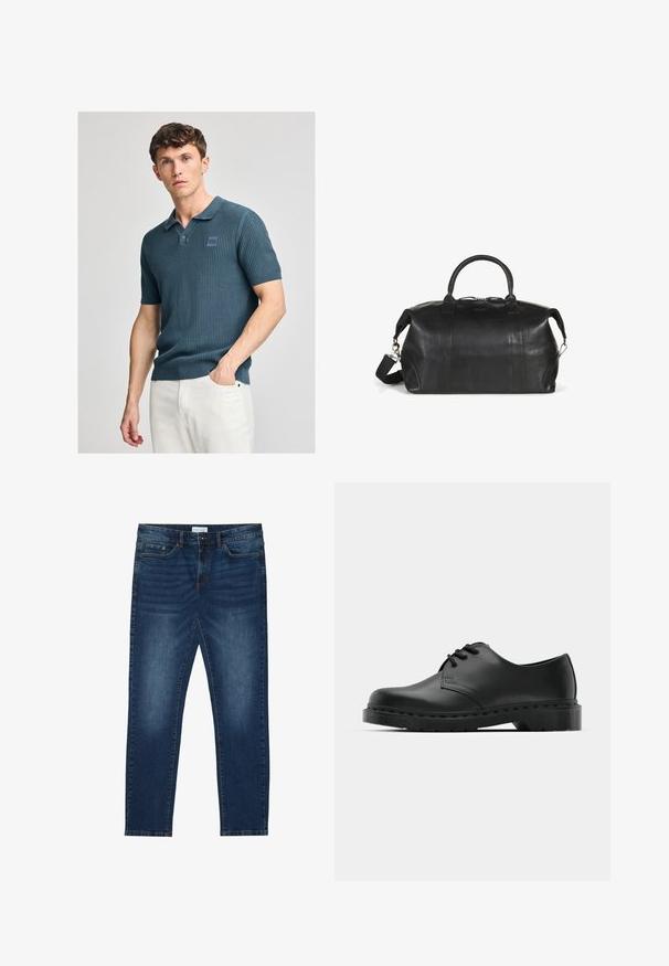 Polo a maniche corte di colore verde scuro, texture rigata, con colletto classico e un piccolo logo sul petto. Indossato con pantaloni chiari.; Jeans slim-fit blu scuro con dettagli sbiaditi, design classico a cinque tasche, chiusura con bottone e passanti per cintura.; Scarpa oxford in pelle nera con design con lacci, punta arrotondata, suola piatta in gomma e dettagli di cucitura discreti lungo la parte superiore.; Borsa da viaggio in pelle nera con manici arrotondati, una tracolla rimovibile e dettagli di cucitura discreti. Texture liscia e design pratico.