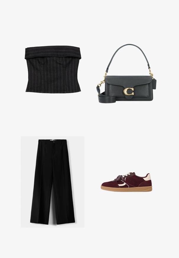 Schwarz gestreifter Korsett-Top mit strukturiertem Design, ausgestattet mit einem gefalteten Ausschnitt und glatter Textur. Der Stoff wirkt robust und maßgeschneidert.; Weißes Button-Down-Hemd aus glattem Stoff, mit Kragen, langen Ärmeln und lockerer Passform, kombiniert mit strukturierten, hellen Hosen.; Schwarze weite Hosen aus leichtem Stoff, mit einem Knopfverschluss vorne und flachem Bund, mit sorgfältig genähten Säumen.; Burgunderfarbene Wildledersneaker mit weißen Akzenten, strukturierten Details, dicker Gummisohle und gemusterten Schnürsenkeln für einen sicheren Halt.; Schwarze Lederhandtasche mit goldenen Hardware-Akzenten, ausgestattet mit einem charakteristischen Verschluss, einem abnehmbaren Schultergurt und einer strukturierten Oberfläche.; Silberne Quastenohrringe mit einem aufwendigen Perlenmuster, mit herabhängenden Strängen aus feinem Kettenmaterial und einem verknoteten Akzent an der Spitze.