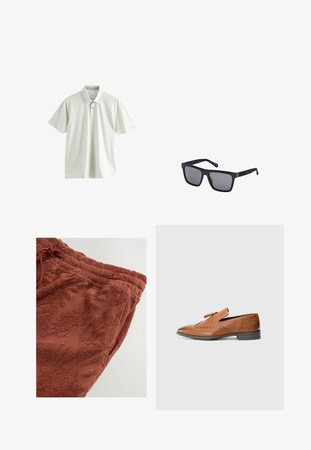 Polo à manches courtes de couleur beige clair avec un motif géométrique, patte de boutonnage et col classique. Tissu doux à la texture fine.; Pantalons de survêtement en terracotta avec un motif floral texturé, ceinture élastique avec cordon de serrage et tissu doux et moelleux pour le confort.; Chaussure en cuir marron avec des perforations, des côtés texturés, une semelle plate et un nœud décoratif sur le dessus. Design classique avec une finition lisse.; Lunettes de soleil noires rectangulaires avec des verres teintés, une finition mate et un détail de logo sur la branche. Le design présente des bords droits et des montures épaisses.