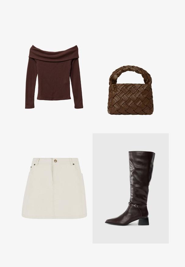 Top a spalle scoperte e maniche lunghe in morbido tessuto marrone scuro a costine. Presenta un ampio scollo e una silhouette aderente. Materiale testurizzato e morbido.; Gonna mini in denim color beige chiaro, con vita alta, due tasche frontali e dettagli in bottone bronzo. Texture liscia e design semplice.; Stivale alto in pelle marrone scuro con punta affusolata, piccola cintura con fibbia attorno alla caviglia e tacco blocco basso su sfondo bianco.; Borsa a tracolla in pelle intrecciata marrone con manico intrecciato, forma rettangolare, superficie testurizzata e costruzione senza cuciture.