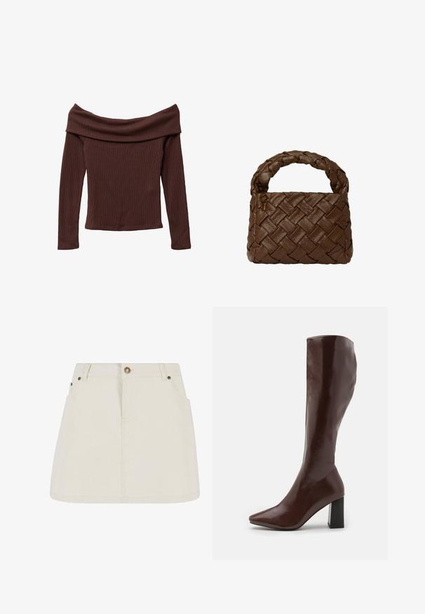 Off-shoulder, lange mouwtop in donkerbruin geribbeld materiaal. Heeft een wijde halslijn en een aansluitende snit. Gestructureerd, zacht materiaal.; Leren denim minirok in lichtbeige, met een hoge taille, twee voorzakken en bronzen knoopaccenten. Gladde textuur en eenvoudig ontwerp.; RAID HETTIE - Laarzen - brown; Bruine geweven leren handtas met een gevlochten handvat, rechthoekige vorm, textuur oppervlak en naadloze constructie.