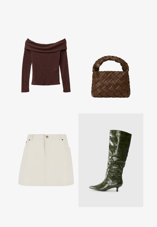 Olkapäältä avattava, pitkähihainen toppi tummanruskeasta ribbikankaasta. Ominaisuuksiin kuuluvat leveä kaula-aukko ja vartalonmyötäinen siluetti. Teksturoitu, pehmeä materiaali.; Vaaleanbeige farkkuinen minisati, jossa on korkea vyötärö, kaksi etutaskua ja pronssiset nappikoristeet. Sujuva pinta ja yksinkertainen muotoilu.; Korkea, tummanvihreä krokotiilikuosisista nahkakengät, joissa on terävä kärki ja matala kitten-korko, kuvattu sivulta yksinkertaista taustaa vasten.; Ruskea punottu nahkalaukku, jossa on letitetty kahva, suorakulmainen muoto, teksturoitu pinta ja saumatonta rakennetta.