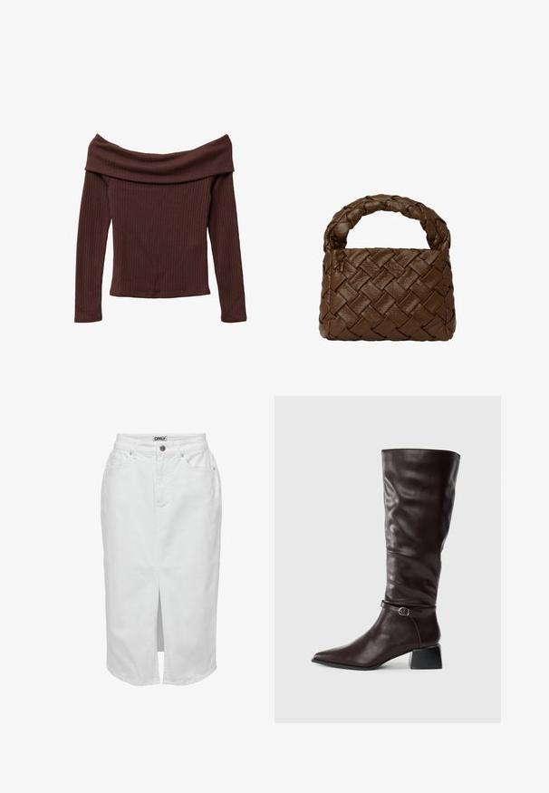 Top a spalle scoperte e maniche lunghe in morbido tessuto marrone scuro a costine. Presenta un ampio scollo e una silhouette aderente. Materiale testurizzato e morbido.; Gonna in denim bianco con uno spacco frontale, vita alta, due tasche laterali e chiusura con bottone. Presenta un'etichetta di marca in vita.; Stivale alto in pelle marrone scuro con punta affusolata, piccola cintura con fibbia attorno alla caviglia e tacco blocco basso su sfondo bianco.; Borsa a tracolla in pelle intrecciata marrone con manico intrecciato, forma rettangolare, superficie testurizzata e costruzione senza cuciture.