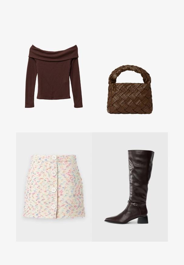 Top a spalle scoperte e maniche lunghe in morbido tessuto marrone scuro a costine. Presenta un ampio scollo e una silhouette aderente. Materiale testurizzato e morbido.; Gonna mini in tessuto lavorato di colore crema chiaro con macchie colorate. Caratterizzata da quattro grandi bottoni bianchi sul davanti e una superficie testurizzata.; Stivale alto in pelle marrone scuro con punta affusolata, piccola cintura con fibbia attorno alla caviglia e tacco blocco basso su sfondo bianco.; Borsa a tracolla in pelle intrecciata marrone con manico intrecciato, forma rettangolare, superficie testurizzata e costruzione senza cuciture.