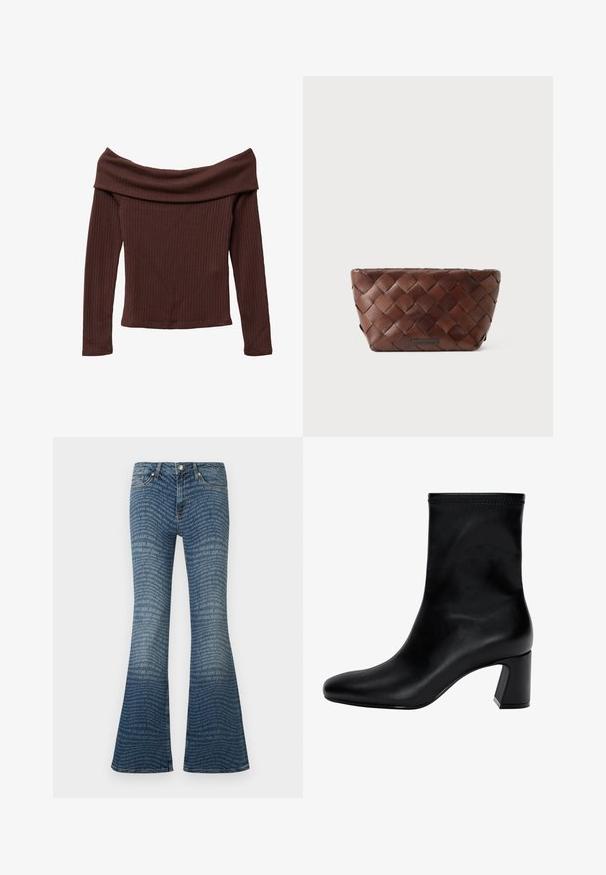 Olkapäältä avattava, pitkähihainen toppi tummanruskeasta ribbikankaasta. Ominaisuuksiin kuuluvat leveä kaula-aukko ja vartalonmyötäinen siluetti. Teksturoitu, pehmeä materiaali.; Siniset levenevät farkut, joissa on koko pinnan kattava "JOOP! JEANS" -logokuvio ja klassiset viiden taskun yksityiskohdat.; Musta nilkkuri, joka on valmistettu sileästä nahasta. Varustettu neliömäisellä kärjellä, joustavalla yläpäällä ja paksulla korolla vakauden vuoksi. Minimalistinen muotoilu.; Ruskea kudottu nahkalaukku, jonka muoto on trapezoidi ja etuosassa on pieni brändilogo.