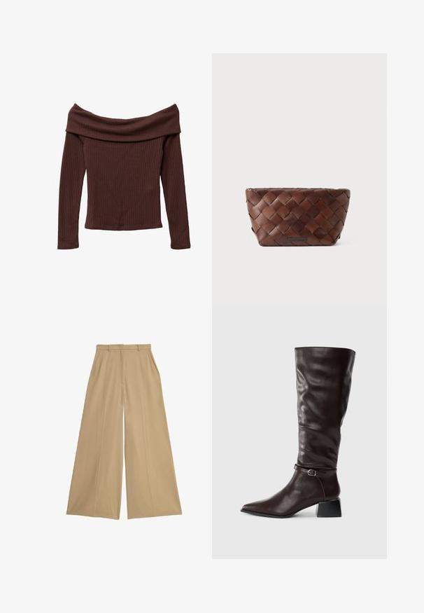 Top a spalle scoperte e maniche lunghe in morbido tessuto marrone scuro a costine. Presenta un ampio scollo e una silhouette aderente. Materiale testurizzato e morbido.; Pantaloni a gamba larga beige realizzati in un tessuto leggero, dotati di due tasche laterali, un davanti piatto e una texture liscia.; Stivale alto in pelle marrone scuro con punta affusolata, piccola cintura con fibbia attorno alla caviglia e tacco blocco basso su sfondo bianco.; Borsa clutch in pelle intrecciata marrone con forma trapezoidale e una piccola placca del marchio al centro anteriore.