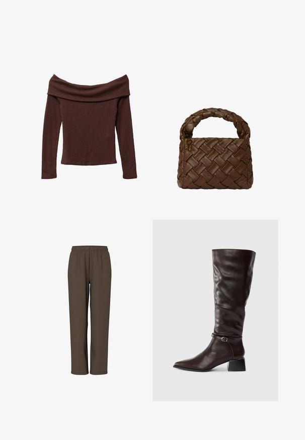 Off-shoulder, lange mouwtop in donkerbruin geribbeld materiaal. Heeft een wijde halslijn en een aansluitende snit. Gestructureerd, zacht materiaal.; Bruine, elastische broek met een zachte stof, met een recht model en zonder zichtbare zakken of details.; Lange, donkerbruine leren laars met een spitse neus, een kleine gesp rond de enkel en een lage blokhak op een witte achtergrond.; Bruine geweven leren handtas met een gevlochten handvat, rechthoekige vorm, textuur oppervlak en naadloze constructie.
