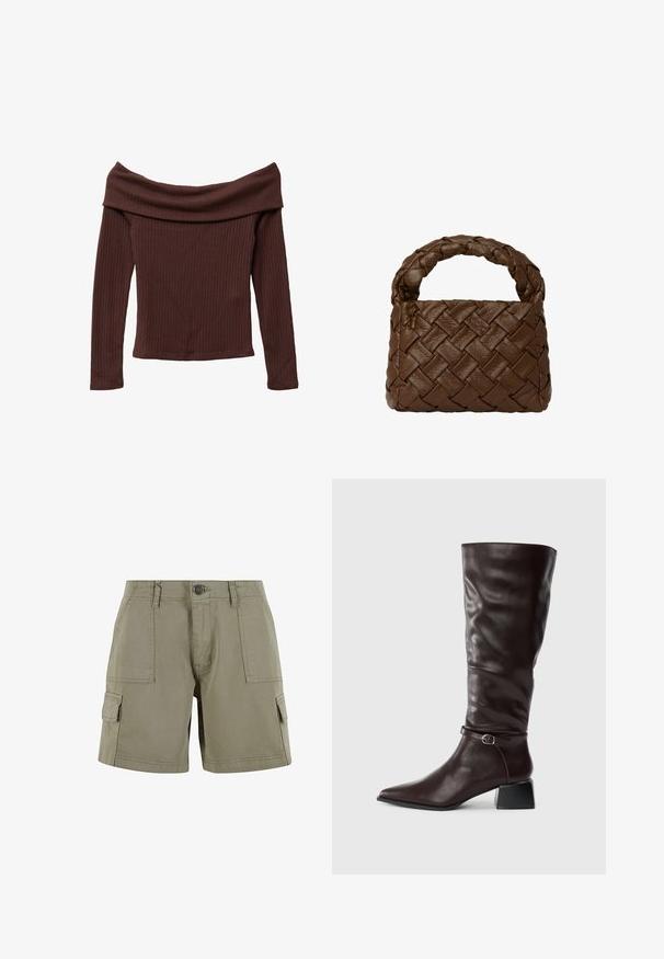Top z długim rękawem, na jedno ramię, w ciemnym brązowym prążkowanym materiale. Posiada szeroki dekolt i dopasowany krój. Teksturowany, miękki materiał.; Khaki szorty cargo wykonane z lekkiej bawełny, z dwiema kieszeniami bocznymi, zapięciem na guzik z przodu i prostym krojem.; Wysoki, ciemnobrązowy skórzany but z wydłużonym noskiem, małą klamrą wokół kostki i niskim, blokowym obcasem na białym tle.; Brązowa torba skórzana pleciona, z plecioną rączką, prostokątnego kształtu, o teksturowanej powierzchni i bezszwowej konstrukcji.