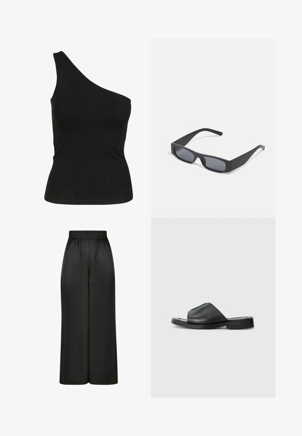 Crni top bez rukava s jednim ramenom izrađen od glatkog materijala, s odrezanim siluetom i čistim, šivenim izrezom. Nema vidljivih uzoraka ili naglasaka.; Crne široke hlače napravljene od glatkog, sjajnog materijala s elastičnim pojasom i bez vidljivih džepova ili metalnih detalja.; Crne kožne cipele na petu s glatkom teksturom, otvorenim prstima, širokim trakama i ravnim gumenim đonom.; Crne pravokutne sunčane naočale s tamnim lećama i debelim mat okvirima. Naočale su lagano sužene s glatkom teksturom.