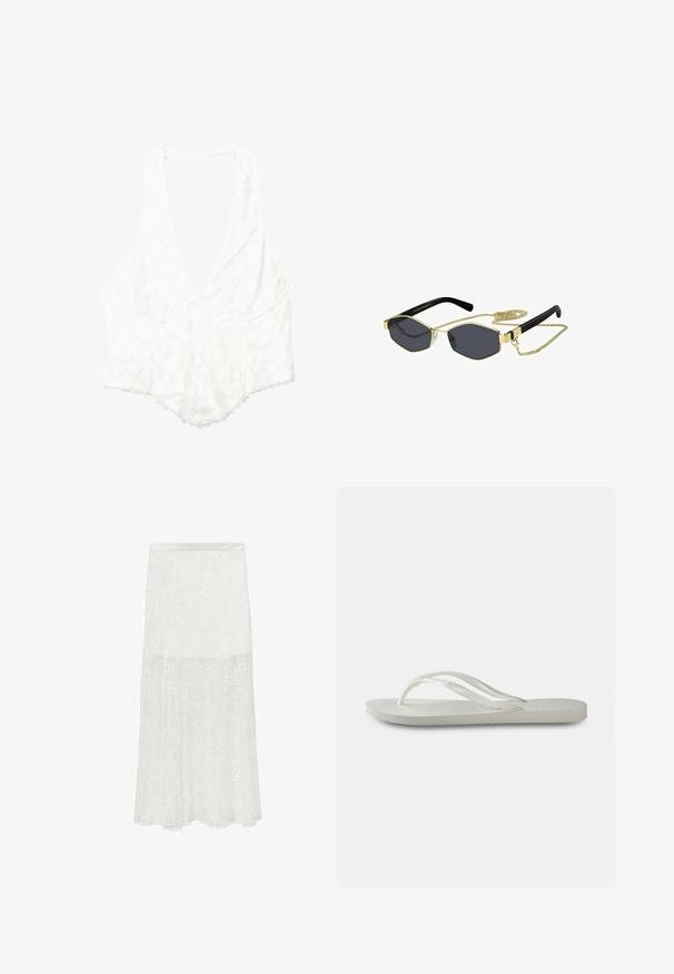Vit topp med djup V-hals, blommig textur, vågiga kanter och en lös passform. Tillverkad av lätt tyg.; Vit spets maxi kjol med subtila blommönster, semi-genomskinlig textur och A-linjeformad silhuett. Elastisk midja för komfort.; Vit flip-flop med en strukturerad sula, som har tunna remmar och en platt design. Tillverkad av gummi med en diskret logotyp på fotsulan.; Oktagonala solglasögon med mörka linser, guldmetallaccenter och svarta plastbågar; inkluderar en avtagbar guldkedja.; Vitt hårklipp i form av en blomma med en ljusgul gradient, utformat med en fjädrande mekanism och en slät plasttextur.