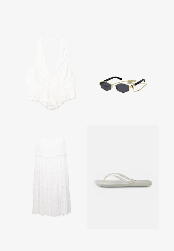 Valkoinen paita, jossa on syvä V-pääntie, kukkakuosiset tekstuurit, aaltoilevat reunat ja löysä istuvuus. Valmistettu kevyestä kankaasta.; Valkoinen kerroksellinen hame, joka on valmistettu kevyestä kankaasta. Hameessa on joustava vyötärö, röyhelökerrokset ja virtaava muotoilu, joka ulottuu polven puoliväliin.; Valkoinen flip-flop, jossa on kuvioitu pohja, ohut hihnasto ja tasainen muotoilu. Valmistettu kumista ja siinä on hillitty logo jalkapohjassa.; Oktaaliset aurinkolasit tummilla linsseillä, kultaisilla metallikoristeilla ja mustilla muovivarsilla; mukana irrotettava kultaketju.
