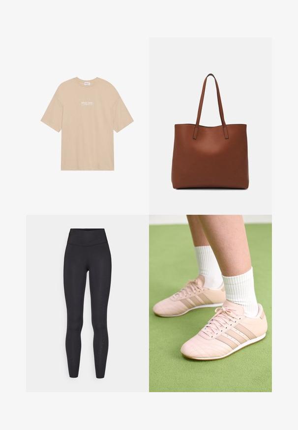 Beige cotton t-shirt featuring a round neck and short sleeves. The front is printed with "PACIFIC COAST California" in white text.; Black leggings made of stretchy material, featuring a high waistband, smooth texture, and small perforations along the outer legs.; Light pink athletic shoes with diagonal stitching, white soles, and three lateral stripes. Worn with ribbed white socks on green surface.; Brown leather tote bag with a smooth texture, open top design, and two shoulder straps. Features minimal stitching and no visible hardware.